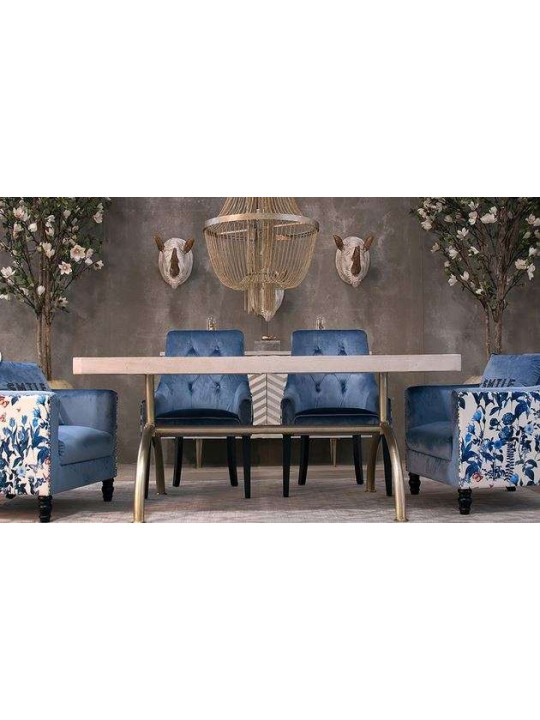 Fauteuil de table bleu satiné tapissé Fauteuil de table bleu satiné tapissé