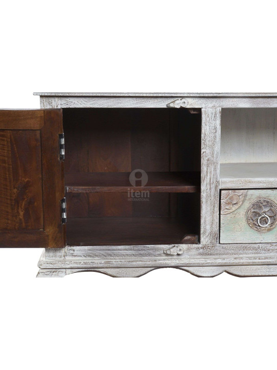 Meuble télé indien en bois blanchi sculpté Meuble télé indien en bois blanchi sculpté