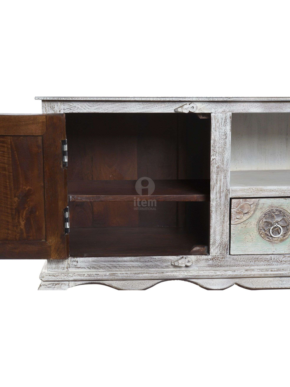 Meuble télé indien en bois blanchi sculpté