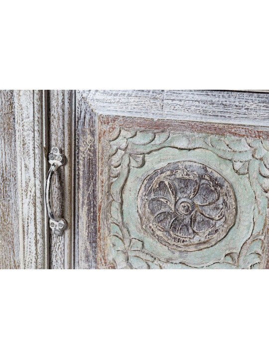 Meuble télé indien en bois blanchi sculpté Meuble télé indien en bois blanchi sculpté