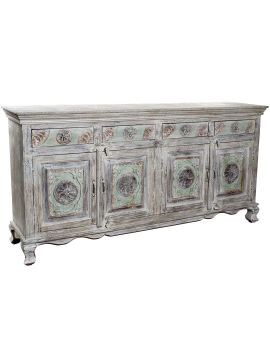 Garnd buffet indien blanchi sculpté 4 portes