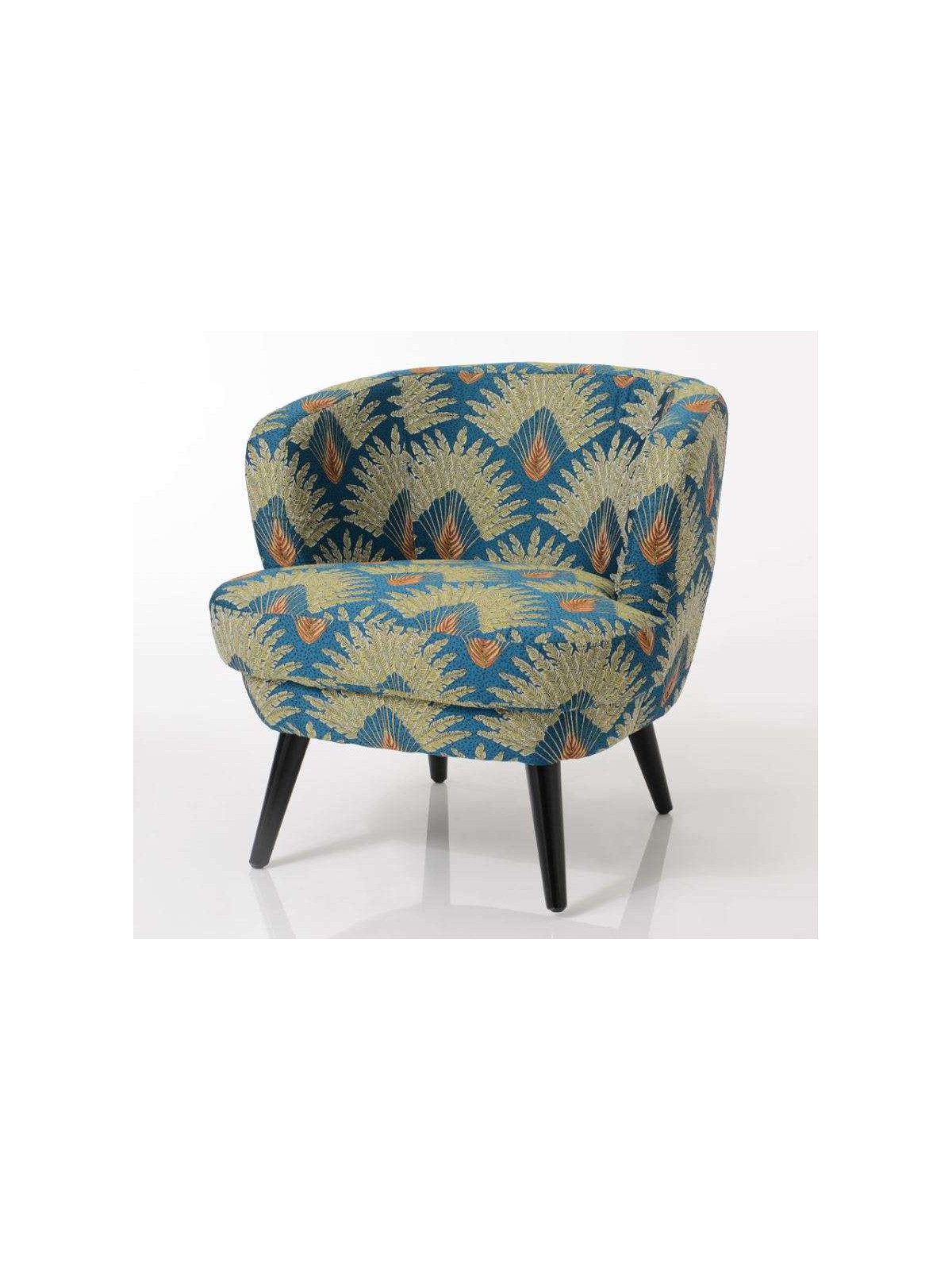 Fauteuil chauffeuse bleu et doré paon