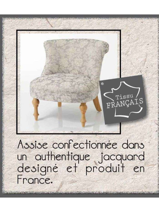 Chauffeuse tapissée grise et beige fleurs
