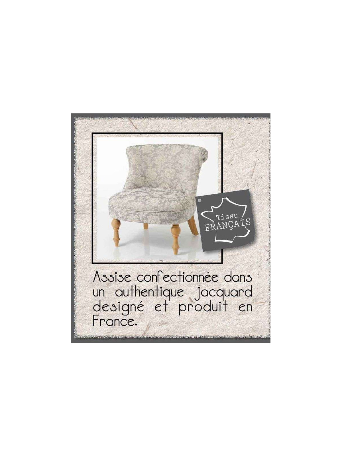 Chauffeuse tapissée grise et beige fleurs