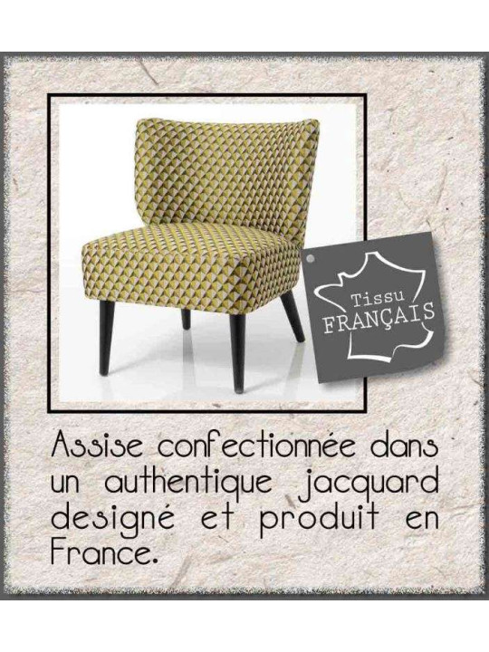 Fauteuil bas chauffeuse jaune  et noir tapissée Vadim