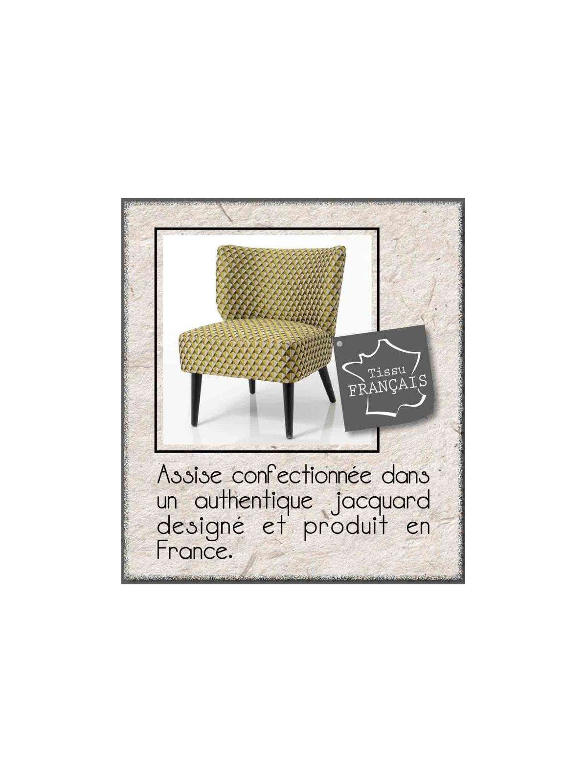 Fauteuil bas chauffeuse jaune  et noir tapissée Vadim