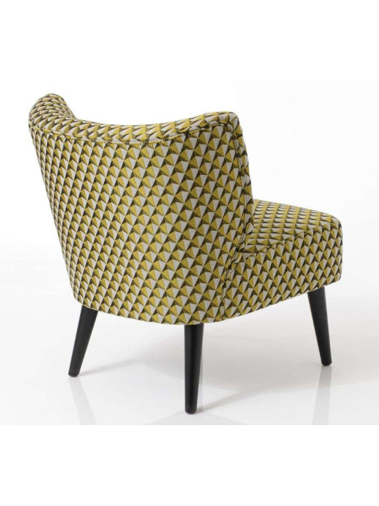 Fauteuil bas chauffeuse jaune  et noir tapissée Vadim