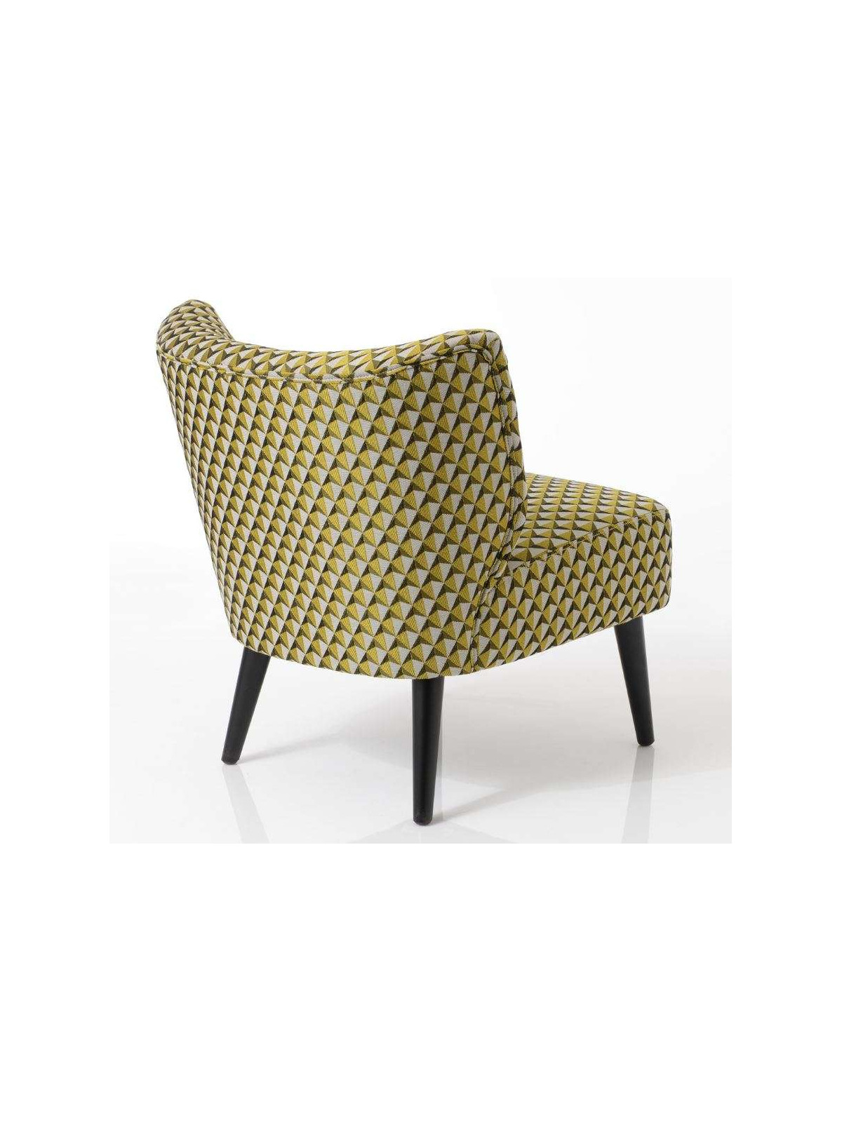 Fauteuil bas chauffeuse jaune  et noir tapissée Vadim