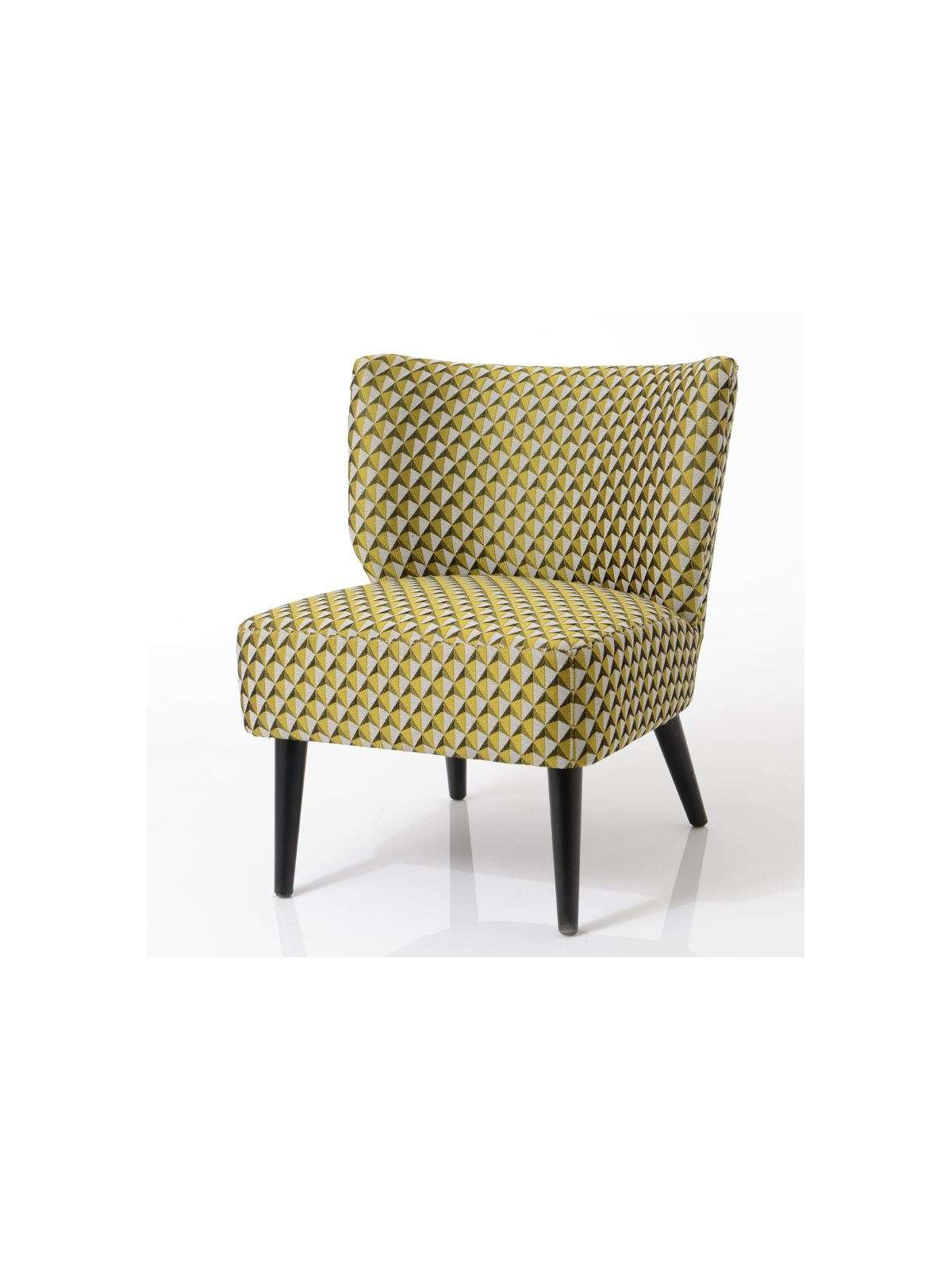 Fauteuil bas chauffeuse jaune  et noir tapissée Vadim