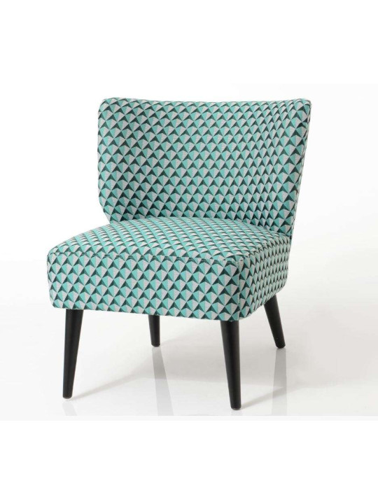 Fauteuil bas chauffeuse vert et noir tapissée Vadim