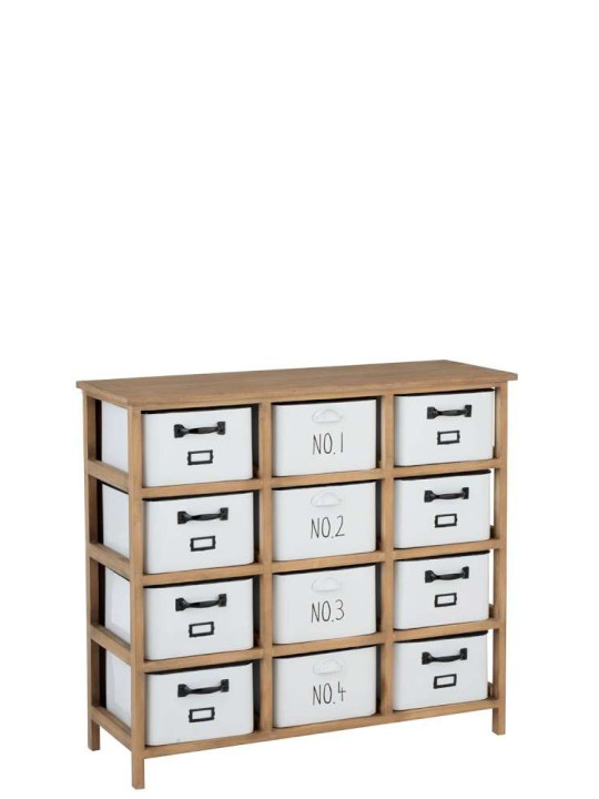 Armoire 12 Tiroirs Metal Blanc et Bois Naturel