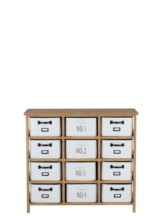 Armoire 12 Tiroirs Metal Blanc et Bois Naturel