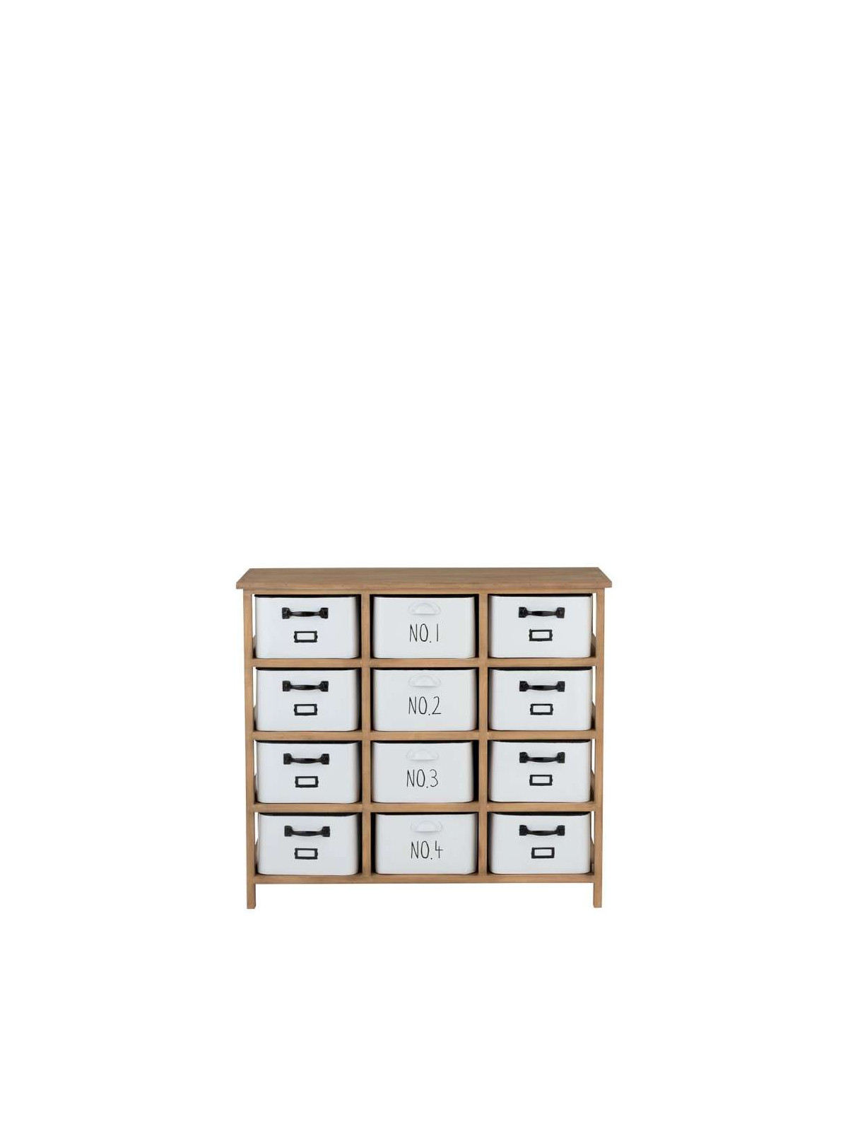 Armoire 12 Tiroirs Metal Blanc et Bois Naturel