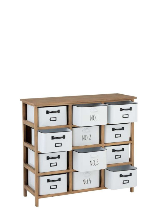 Armoire 12 Tiroirs Metal Blanc et Bois Naturel