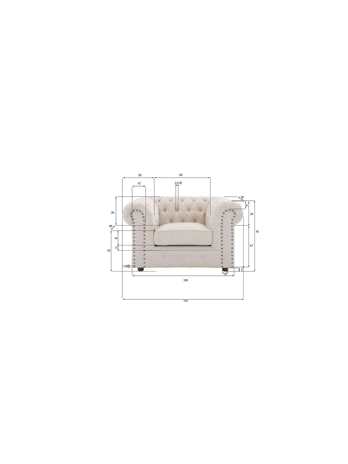 Fauteuil Chesterfield large lin clouté 
