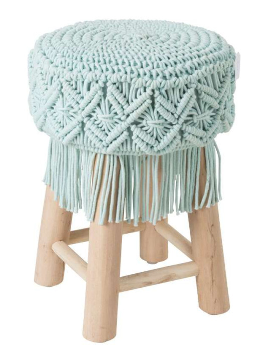 Tabouret Macrame Bois et coton Aqua