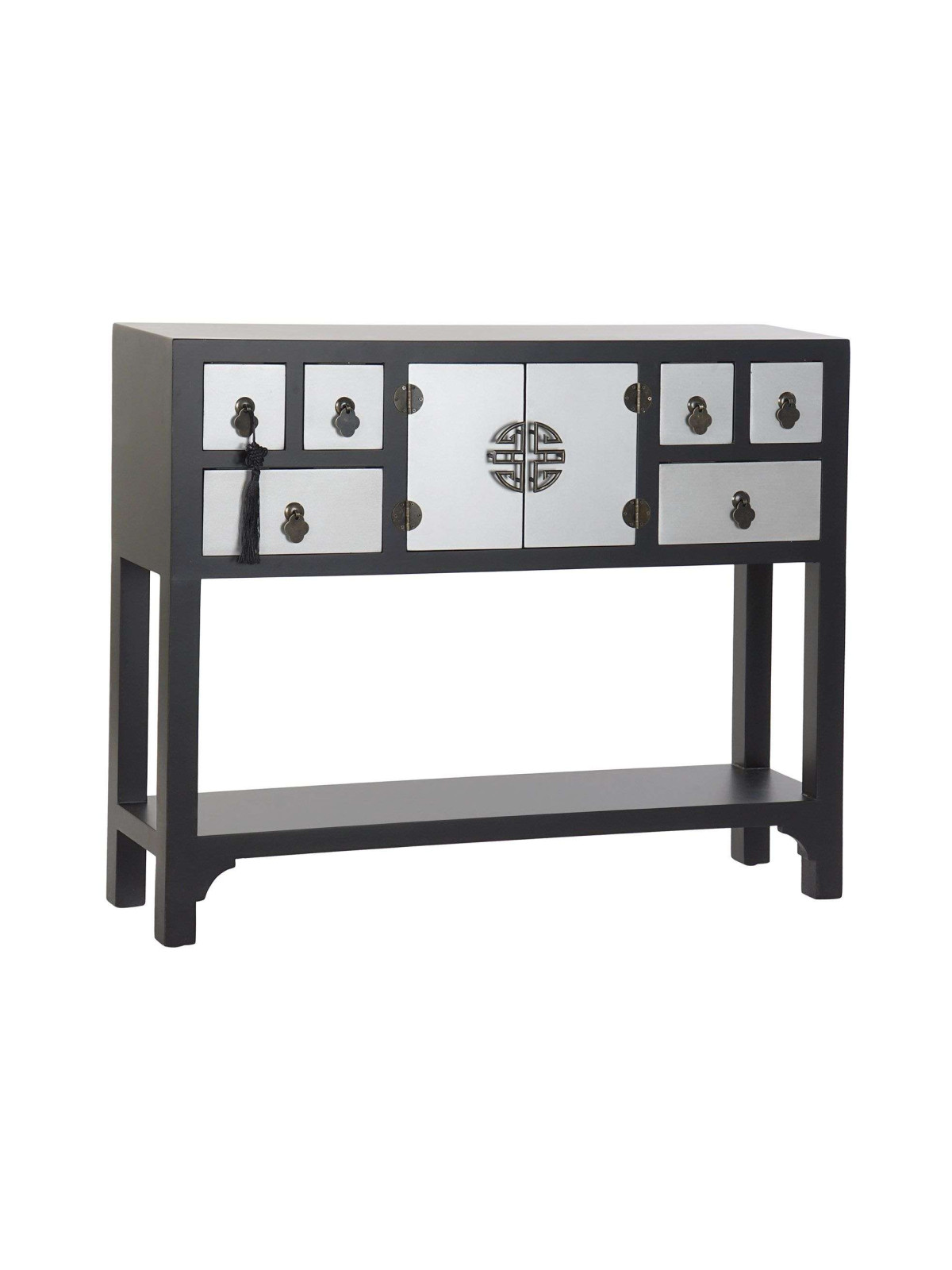 Console Chinoise Macao 6 tiroirs 2 portes noire et argent