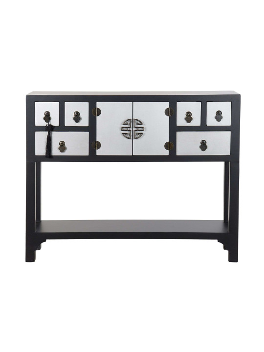 Console Chinoise Macao 6 tiroirs 2 portes noire et argent