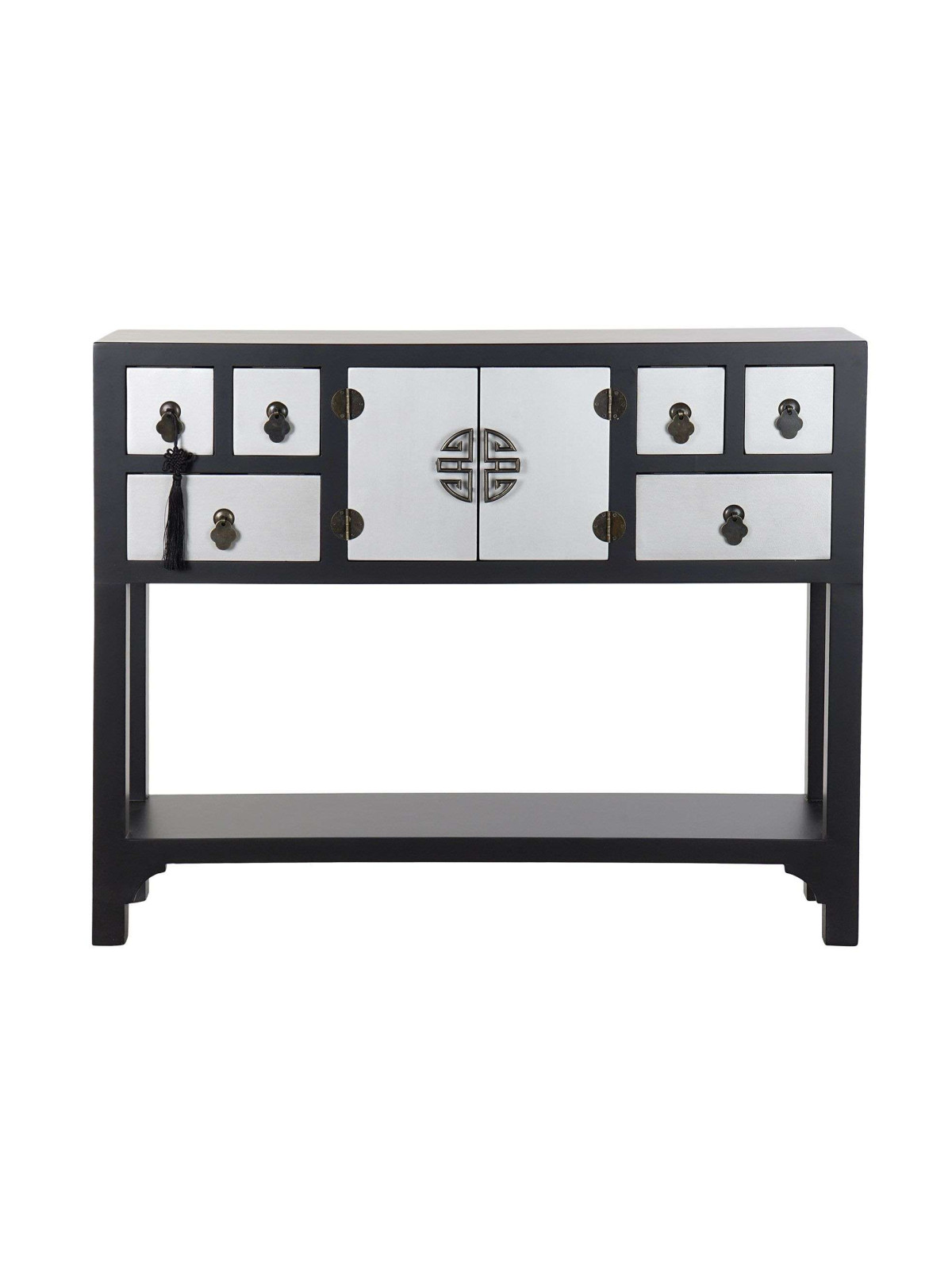 Console Chinoise Macao 6 tiroirs 2 portes noire et argent