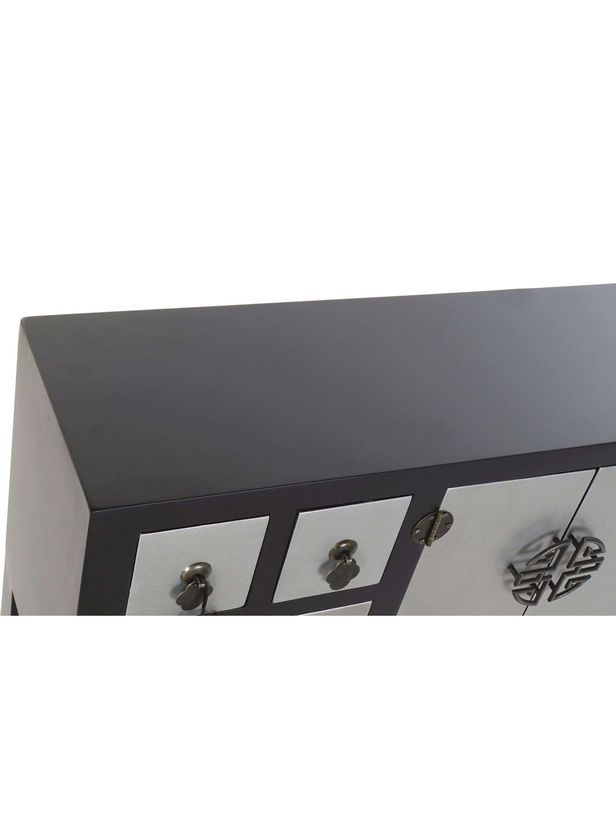 Console Chinoise Macao 6 tiroirs 2 portes noire et argent