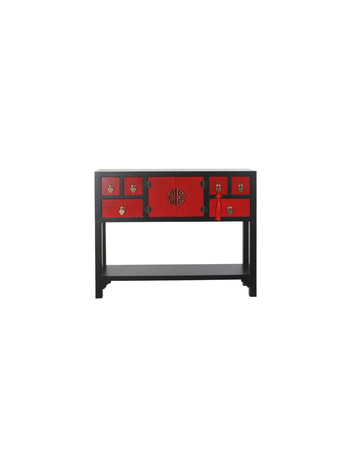 Console Chinoise Macao 6 tiroirs 2 portes noire et rouge