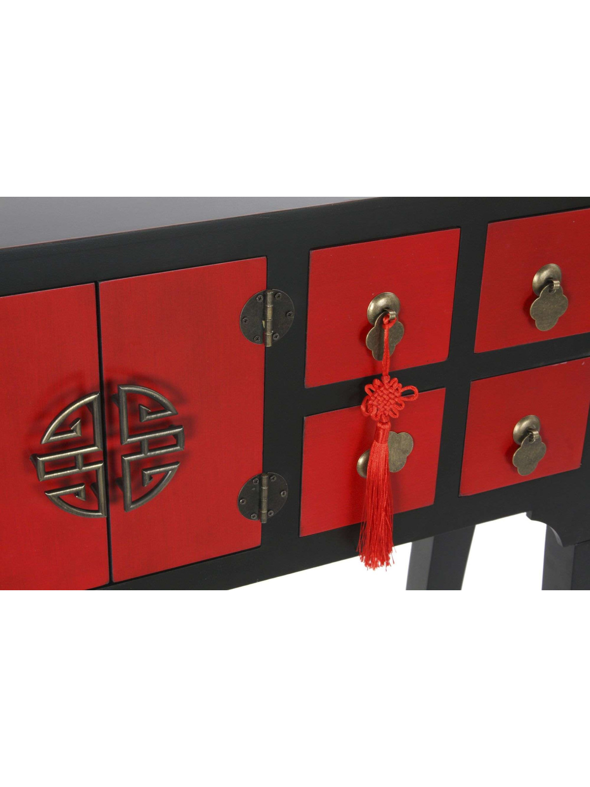 Console Chinoise Macao Galbée 8 tiroirs 2 portes noire et rouge