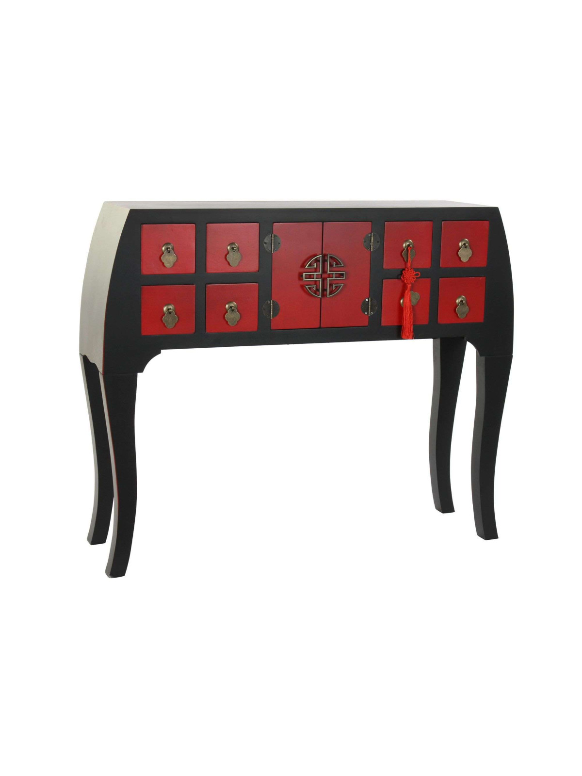 Console Chinoise Macao Galbée 8 tiroirs 2 portes noire et rouge