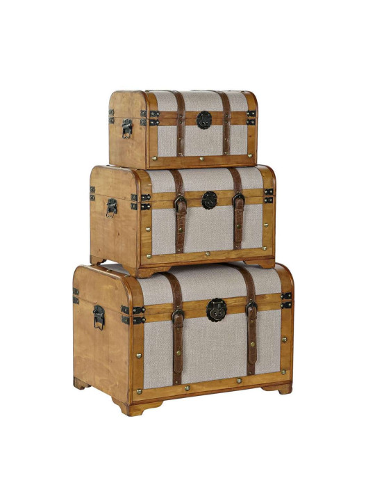 Set de 3 coffres en peuplier et Toile 61X43X42,5 Marron