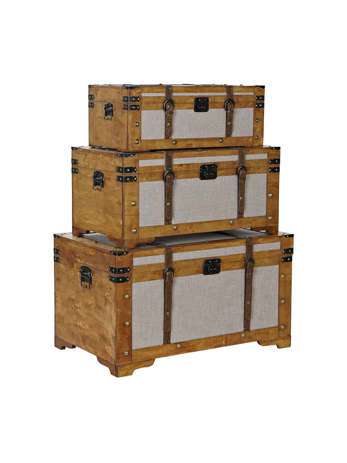 Set de 3 coffres en peuplier et Toile 81X49X45 Marron