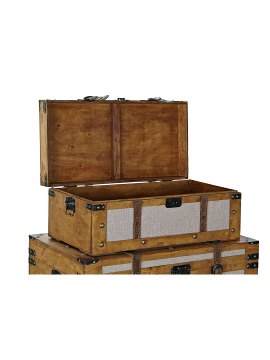 Set de 3 coffres en peuplier et Toile 81X49X45 Marron Set de 3 coffres en peuplier et Toile 81X49X45 Marron