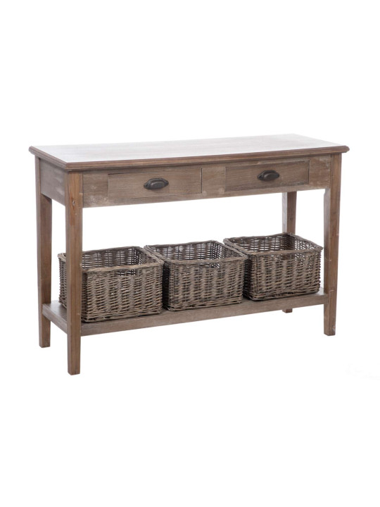 Grande console bois cérusé avec paniers osiers - 24426