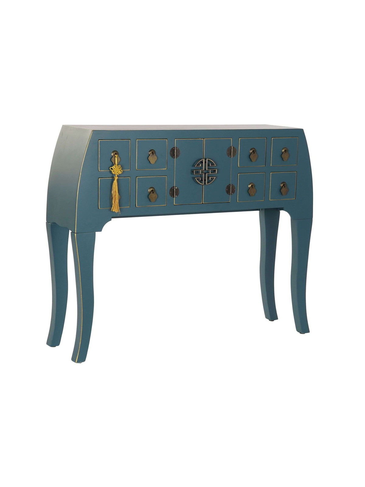 Console Chinoise Macao Galbée bleu pétrole 8 tiroirs 2 portes