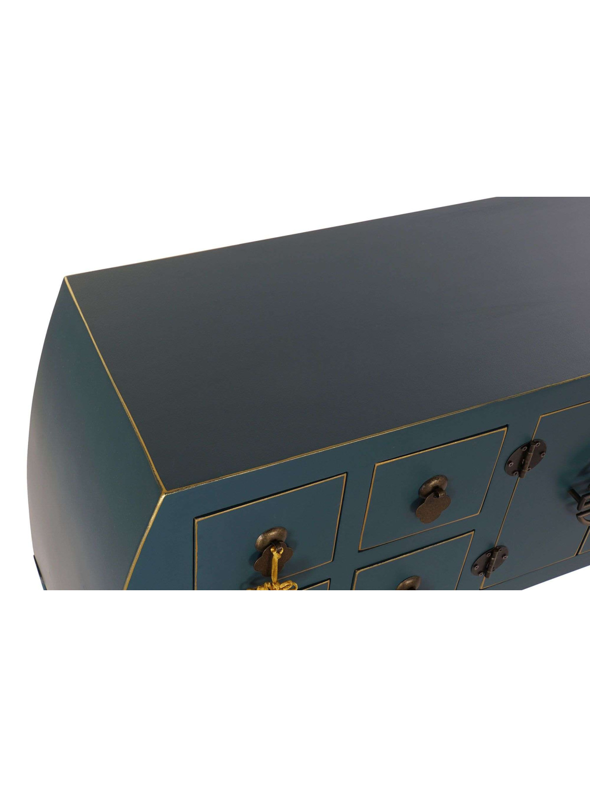 Console Chinoise Macao Galbée bleu pétrole 8 tiroirs 2 portes