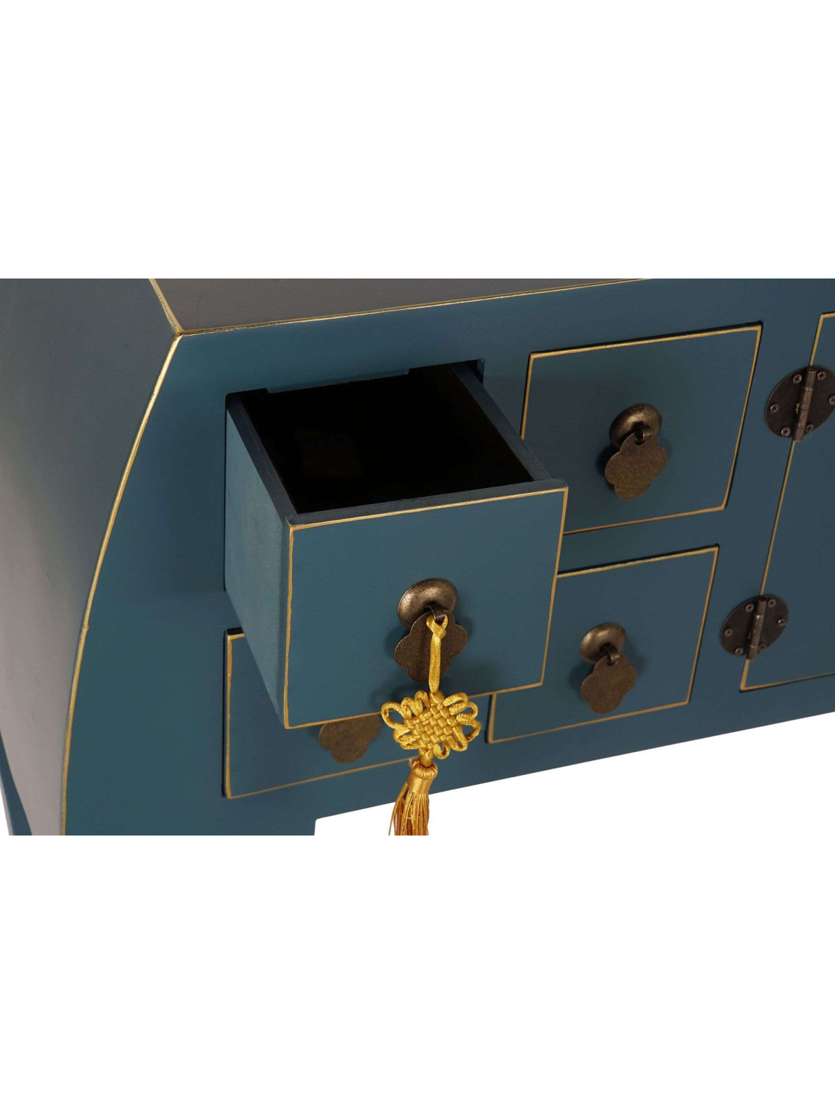 Console Chinoise Macao Galbée bleu pétrole 8 tiroirs 2 portes