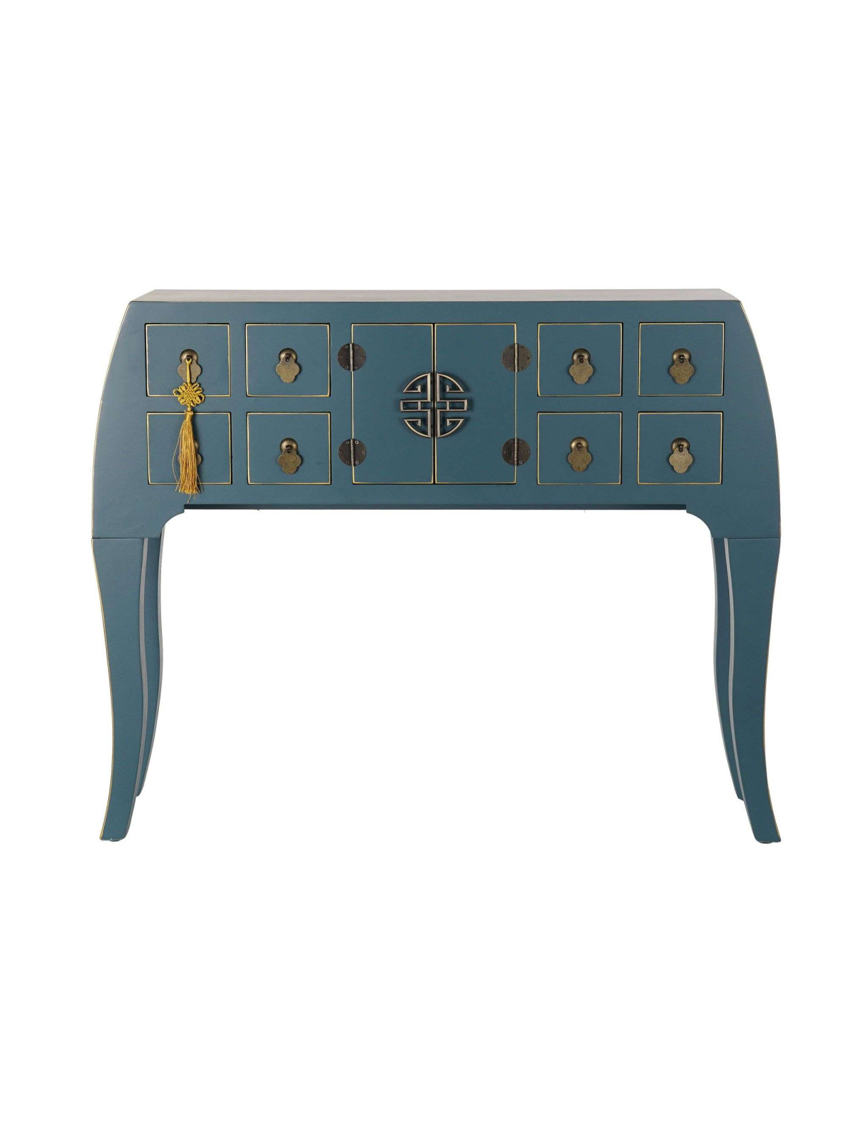 Console Chinoise Macao Galbée bleu pétrole 8 tiroirs 2 portes