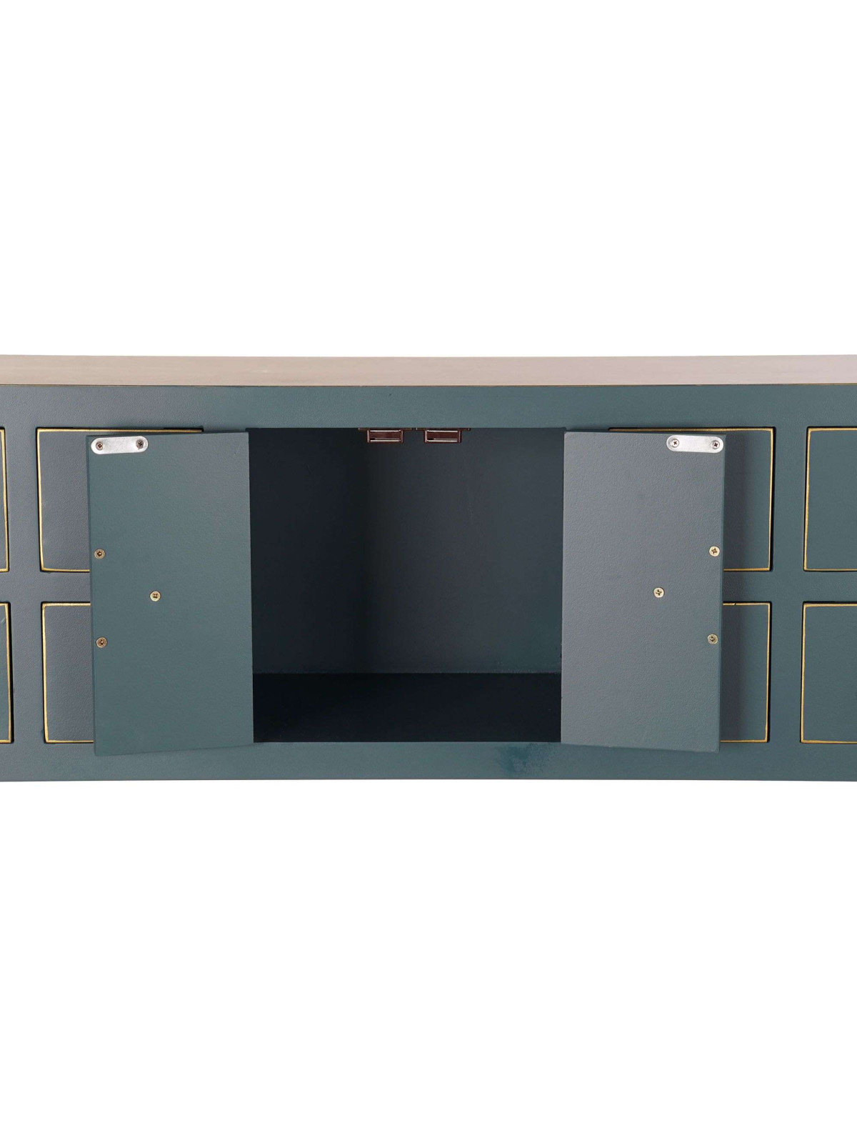Console Chinoise Macao Galbée bleu pétrole 8 tiroirs 2 portes