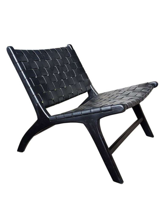 Fauteuil noir en cuir et teck