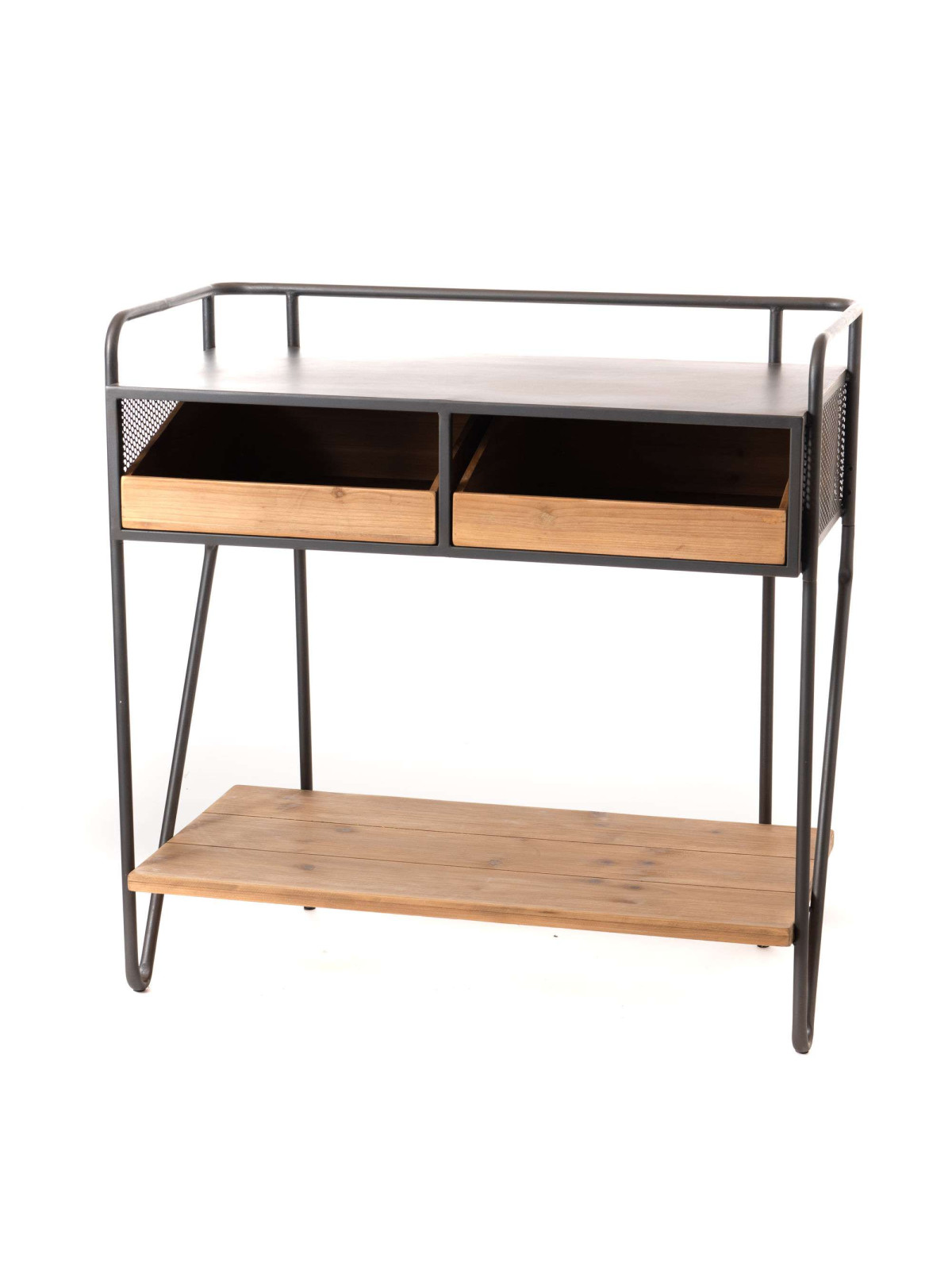 Grande console bois cérusé avec paniers osiers - 24426