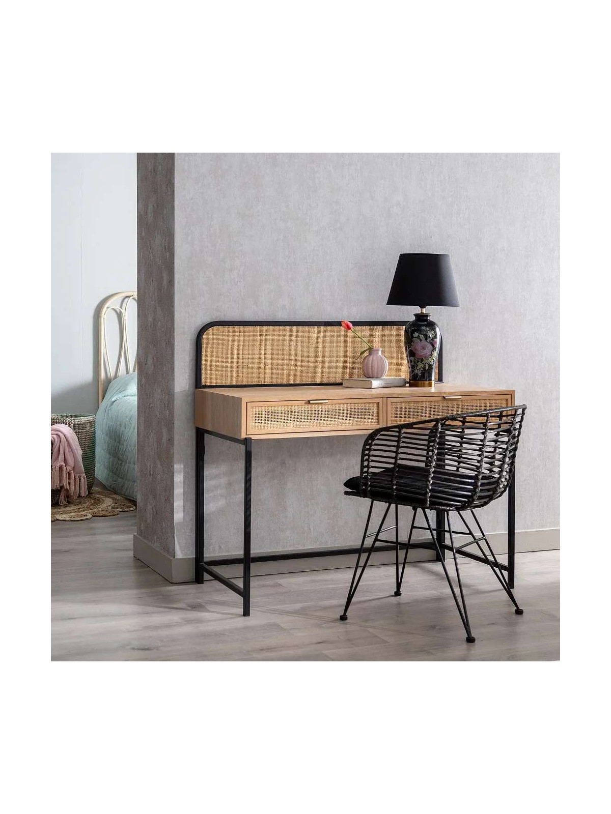 Bureau design en bois de manguier et métal noir 2 tiroirs - COROT