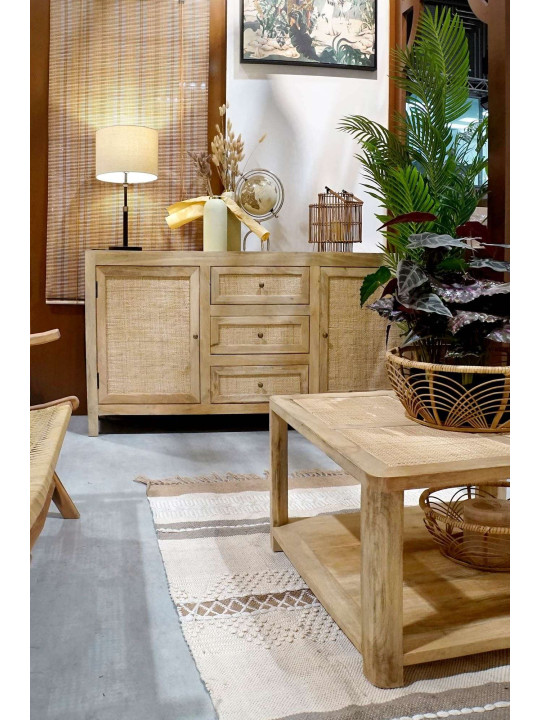 Buffet 3 tiroirs Almeida bois de manguier et cannage en rotin Buffet 3 tiroirs Almeida bois de manguier et cannage en rotin