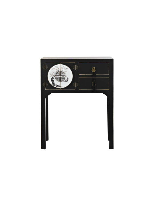 Console Chinoise Macao 2 tiroirs 2 portes noire et blanc et argent