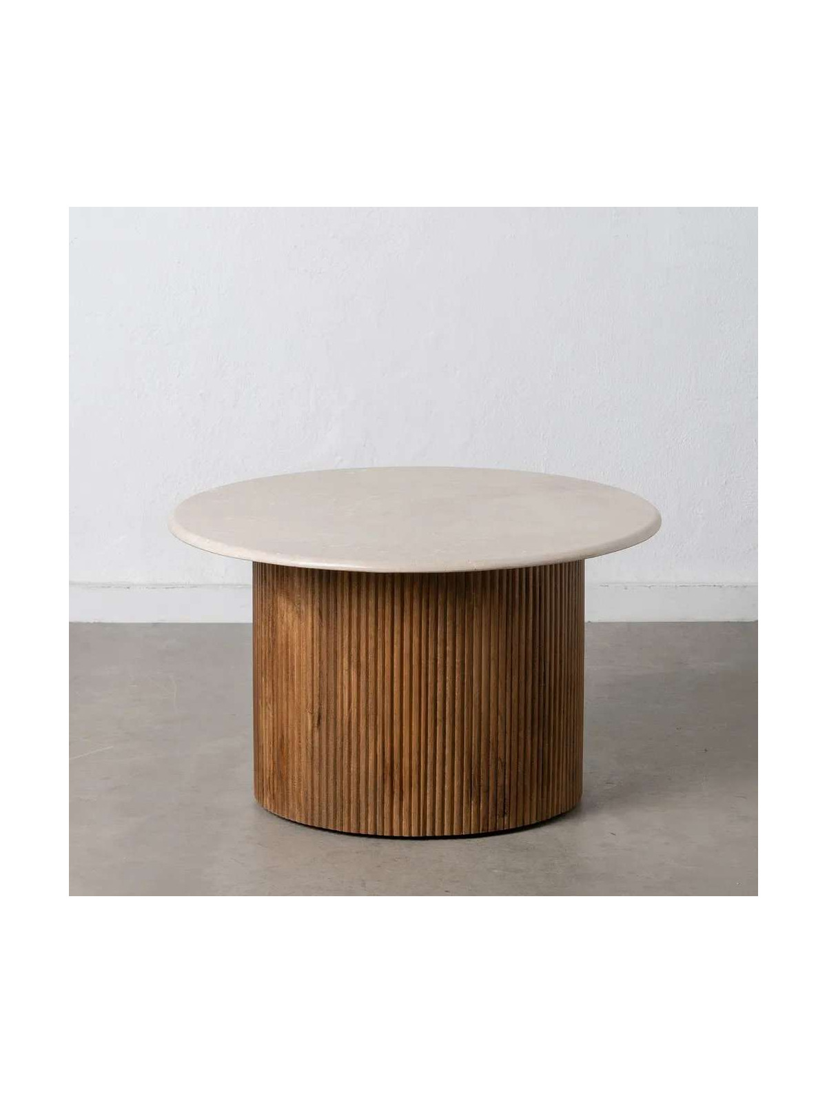 Table basse ronde en bois de manguier et marbre blanc