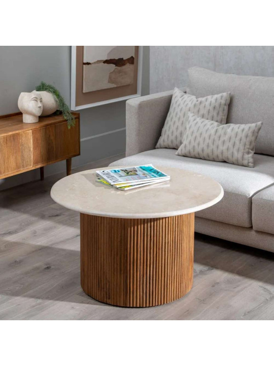 Table basse ronde en bois de manguier et marbre blanc Table basse ronde en bois de manguier et marbre blanc