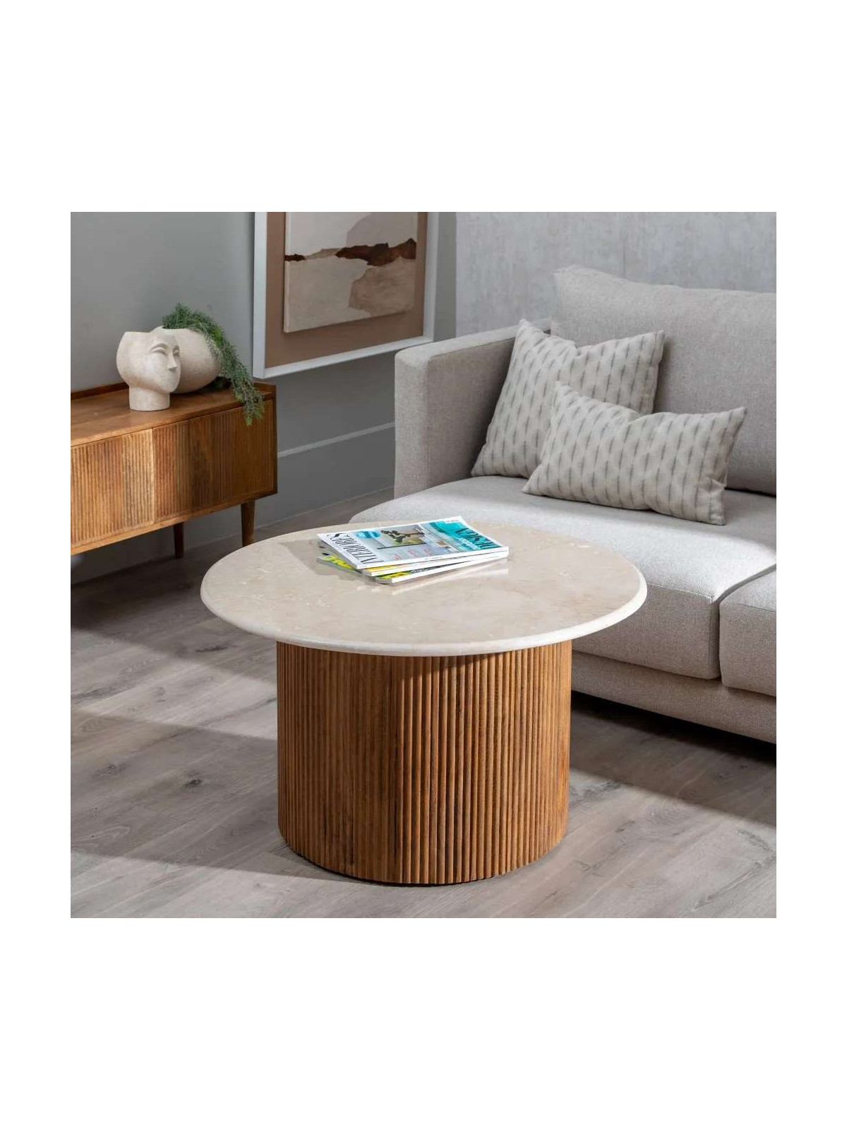 Table basse ronde en bois de manguier et marbre blanc