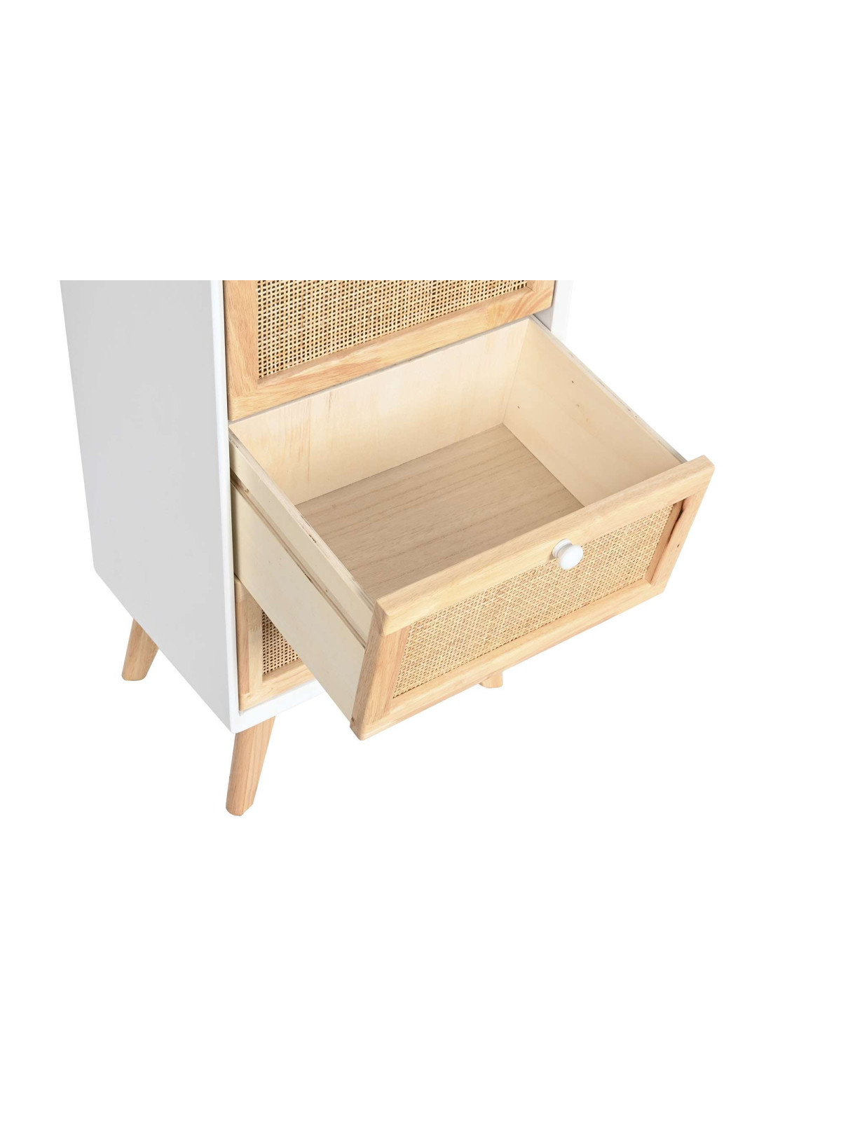 Chiffonnier Livia en bois de paulownia blanc et rotin