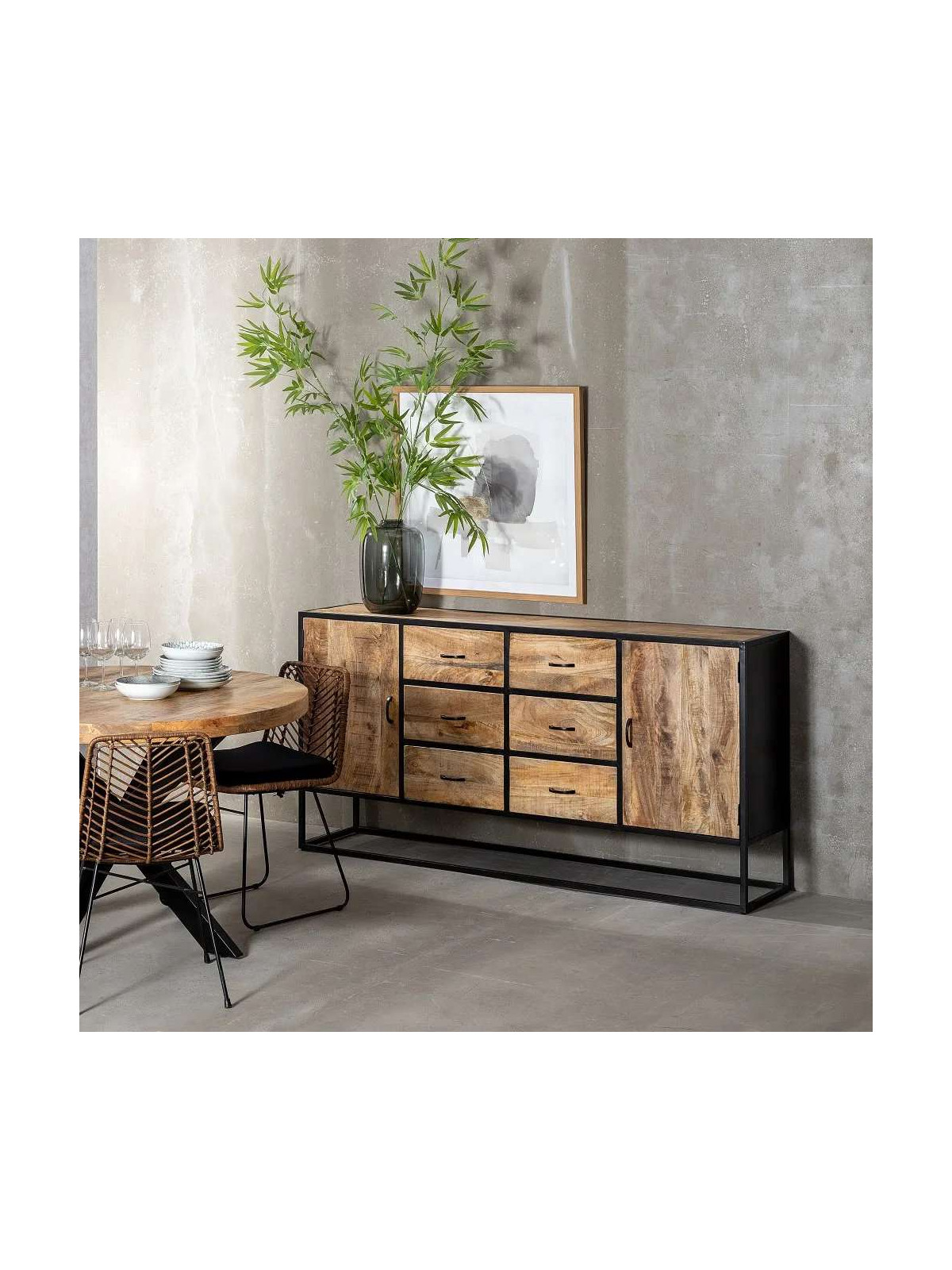 Buffet bello industriel en bois de manguier